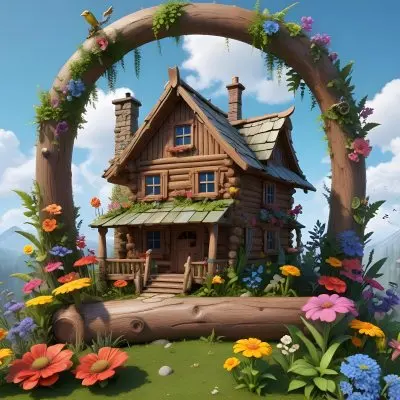 A Whimsical Scene Featuring A Wooden Log House