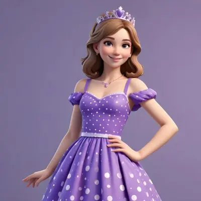 3d Model A Young Girl With Light Brown Hair Wearing A Tiara And A Purple Dress Smiling And Posing With Her Right Hand On Her Hip The Background Is Purple With White Polka Dots And A Blank White Area For Text Figure 4 7654