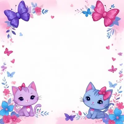 3d Model Two Cute Cartoon Cats One Purple With A Bow And One Blue With A Bow Are Positioned At The Bottom Corners The Background Is Decorated With Colorful Butterflies Hearts And Flowers In Various Shades Of Pink 41 40c3