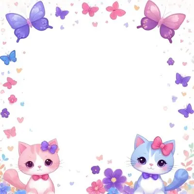 3d Model Two Cute Cartoon Cats One Purple With A Bow And One Blue With A Bow Are Positioned At The Bottom Corners The Background Is Decorated With Colorful Butterflies Hearts And Flowers In Various Shades Of Pink 47 617f