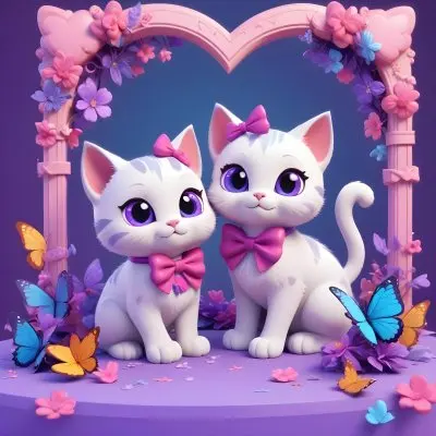 3d Model Two Cute Cartoon Cats One Purple With A Bow And One Blue With A Bow Are Positioned At The Bottom Corners The Background Is Decorated With Colorful Butterflies Hearts And Flowers In Various Shades Of Pink 5 4841