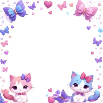 3d Model Two Cute Cartoon Cats One Purple With A Bow And One Blue With A Bow Are Positioned At The Bottom Corners The Background Is Decorated With Colorful Butterflies Hearts And Flowers In Various Shades Of Pink 68 2c18