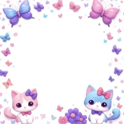 3d Model Two Cute Cartoon Cats One Purple With A Bow And One Blue With A Bow Are Positioned At The Bottom Corners The Background Is Decorated With Colorful Butterflies Hearts And Flowers In Various Shades Of Pink 70 942a