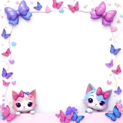 3d Model Two Cute Cartoon Cats One Purple With A Bow And One Blue With A Bow Are Positioned At The Bottom Corners The Background Is Decorated With Colorful Butterflies Hearts And Flowers In Various Shades Of Pink 73 A68a