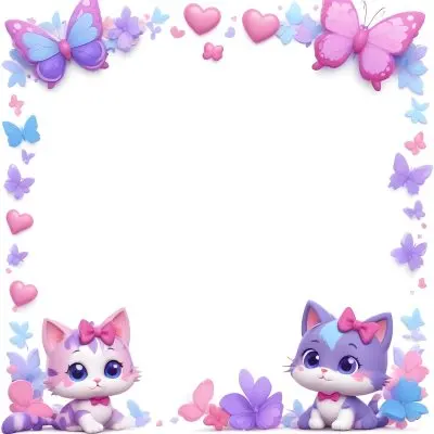 3d Model Two Cute Cartoon Cats One Purple With A Bow And One Blue With A Bow Are Positioned At The Bottom Corners The Background Is Decorated With Colorful Butterflies Hearts And Flowers In Various Shades Of Pink 74 4b25