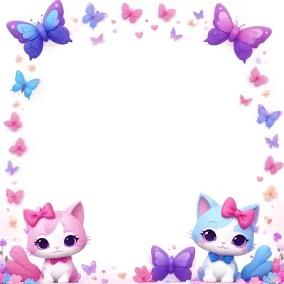 3d Model Two Cute Cartoon Cats One Purple With A Bow And One Blue With A Bow Are Positioned At The Bottom Corners The Background Is Decorated With Colorful Butterflies Hearts And Flowers In Various Shades Of Pink 75 B321