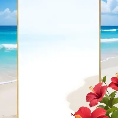 A Beach Background With White Sand Blue Sea And Sky With A Frame And Hibiscus Flowers In The Corner 10 63f8