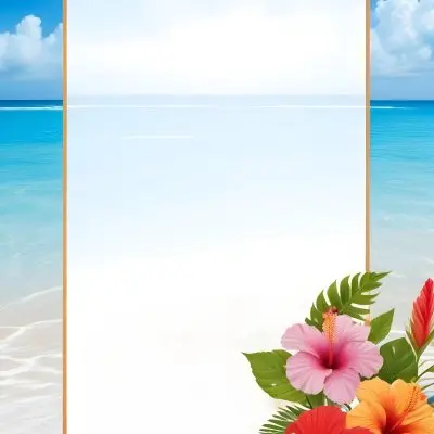 A Beach Background With White Sand Blue Sea And Sky With A Frame And Hibiscus Flowers In The Corner 14 Ad2b