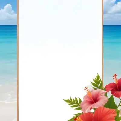 A Beach Background With White Sand Blue Sea And Sky With A Frame And Hibiscus Flowers In The Corner 16 03b5