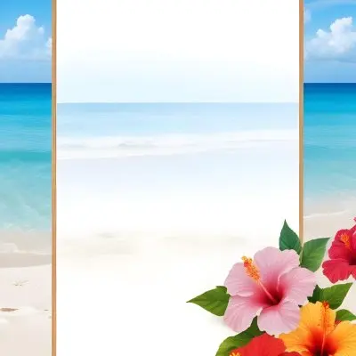 A Beach Background With White Sand Blue Sea And Sky With A Frame And Hibiscus Flowers In The Corner 17 8b1f