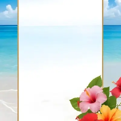 A Beach Background With White Sand Blue Sea And Sky With A Frame And Hibiscus Flowers In The Corner 2 4b76