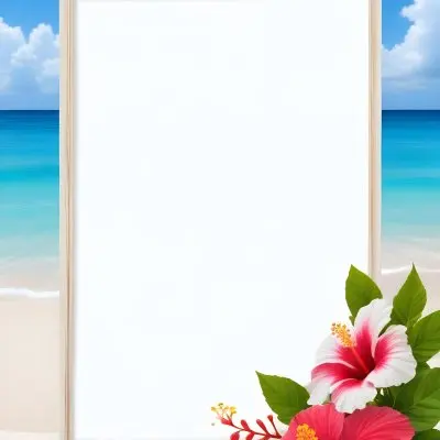 A Beach Background With White Sand Blue Sea And Sky With A Frame And Hibiscus Flowers In The Corner 22 750b