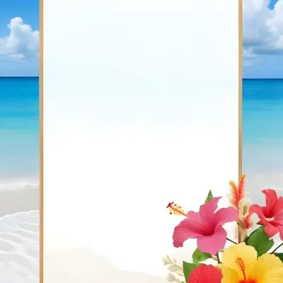 A Beach Background With White Sand Blue Sea And Sky With A Frame And Hibiscus Flowers In The Corner 23 422f