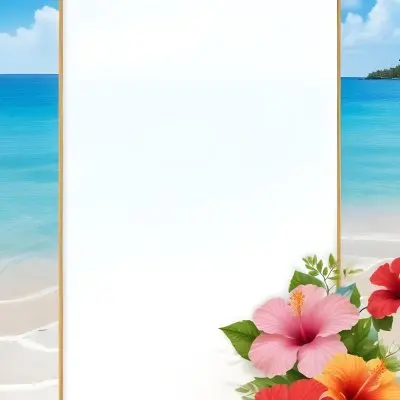 A Beach Background With White Sand Blue Sea And Sky With A Frame And Hibiscus Flowers In The Corner 25 9498