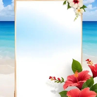 A Beach Background With White Sand Blue Sea And Sky With A Frame And Hibiscus Flowers In The Corner 26 Cea5
