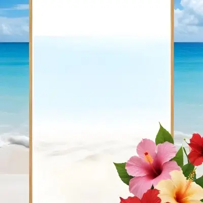 A Beach Background With White Sand Blue Sea And Sky With A Frame And Hibiscus Flowers In The Corner 29 13d1