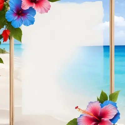 A Beach Background With White Sand Blue Sea And Sky With A Frame And Hibiscus Flowers In The Corner 30 Ffca