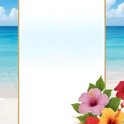 A Beach Background With White Sand Blue Sea And Sky With A Frame And Hibiscus Flowers In The Corner 4 558d