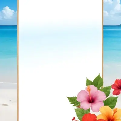 A Beach Background With White Sand Blue Sea And Sky With A Frame And Hibiscus Flowers In The Corner 9 19c7