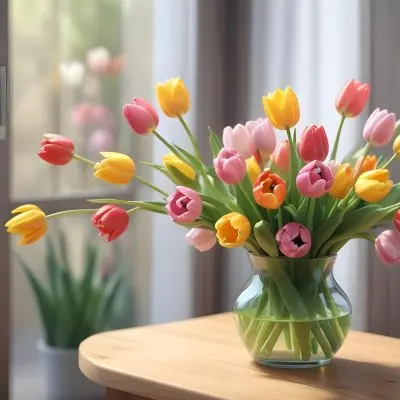 A Bouquet Of Colorful Tulips In A Glass Vase
