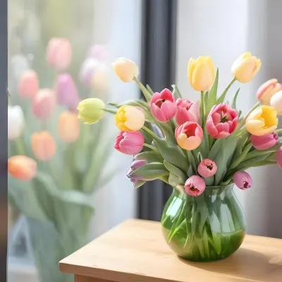 A Bouquet Of Colorful Tulips In A Glass Vase On A Wooden Table With A Blurred Background Of More Flowers 11 Dce1