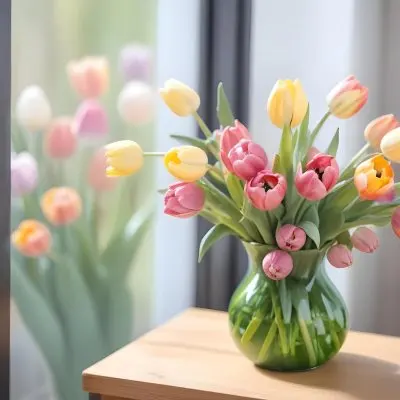 A Bouquet Of Colorful Tulips In A Glass Vase On A Wooden Table With A Blurred Background Of More Flowers 12 Daea