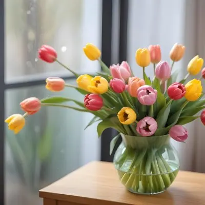 A Bouquet Of Colorful Tulips In A Glass Vase On A Wooden Table With A Blurred Background Of More Flowers 13 Ea66