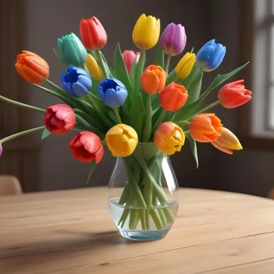 A Bouquet Of Colorful Tulips In A Glass Vase On A Wooden Table With A Blurred Background Of More Flowers 16 001b