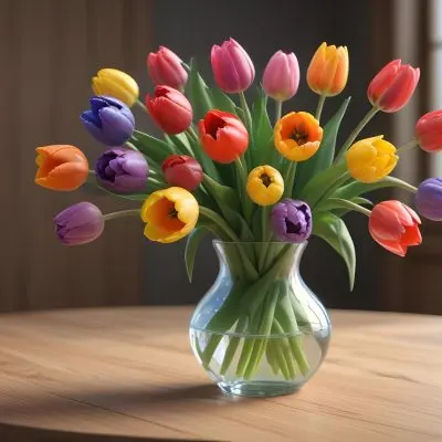 A Bouquet Of Colorful Tulips In A Glass Vase On A Wooden Table With A Blurred Background Of More Flowers 20 1e67