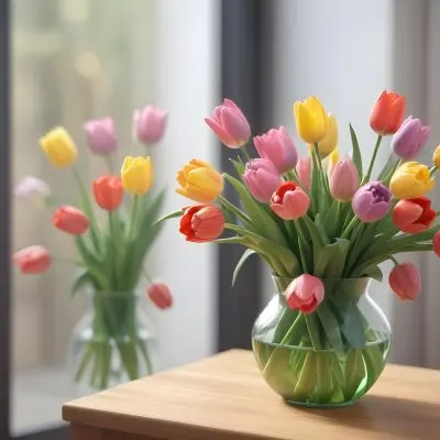 A Bouquet Of Colorful Tulips In A Glass Vase On A Wooden Table With A Blurred Background Of More Flowers 21 486c