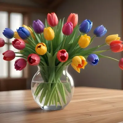 A Bouquet Of Colorful Tulips In A Glass Vase On A Wooden Table With A Blurred Background Of More Flowers 22 C624