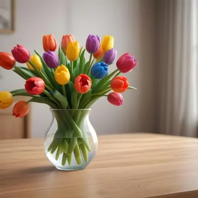 A Bouquet Of Colorful Tulips In A Glass Vase On A Wooden Table With A Blurred Background Of More Flowers 4 9ba3