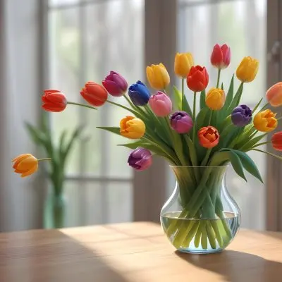 A Bouquet Of Colorful Tulips In A Glass Vase On A Wooden Table With A Blurred Background Of More Flowers 7 8b18