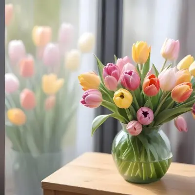 A Bouquet Of Colorful Tulips In A Glass Vase On A Wooden Table With A Blurred Background Of More Flowers 8 D64c