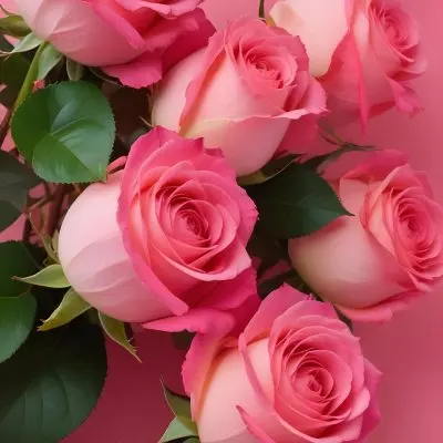 A Bouquet Of Vibrant Pink Roses With Green Leaves Against A Pink Background 1 1835