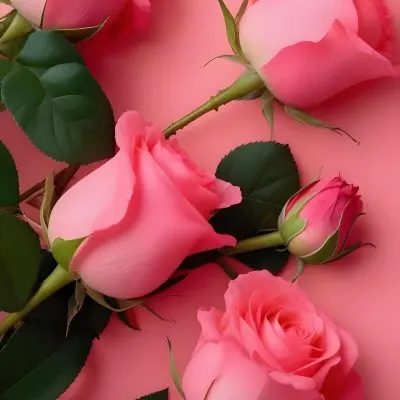 A Bouquet Of Vibrant Pink Roses With Green Leaves Against A Pink Background 2 3cb5