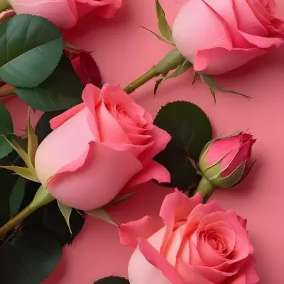 A Bouquet Of Vibrant Pink Roses With Green Leaves Against A Pink Background 3 638c