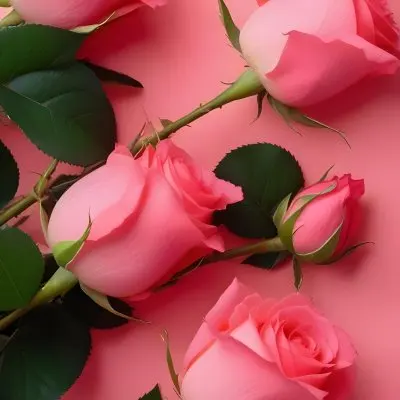 A Bouquet Of Vibrant Pink Roses With Green Leaves Against A Pink Background 4 9d0a