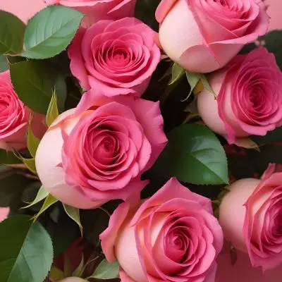 A Bouquet Of Vibrant Pink Roses With Green Leaves Against A Pink Background 5 153d