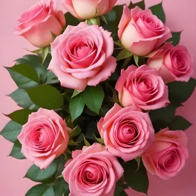 A Bouquet Of Vibrant Pink Roses With Green Leaves Against A Pink Background 6 6708