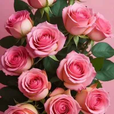 A Bouquet Of Vibrant Pink Roses With Green Leaves Against A Pink Background 7 0bd3