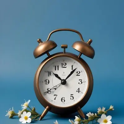 A Bronze Alarm Clock With A Black Face And White Numbers Accompanied By Small Blue Flowers Set Against A Black Background 1 004b