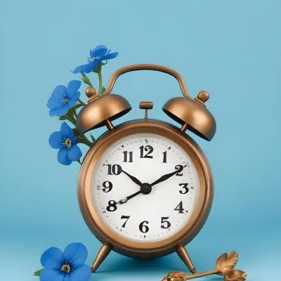 A Bronze Alarm Clock With A Black Face And White Numbers Accompanied By Small Blue Flowers Set Against A Black Background 11 92a8