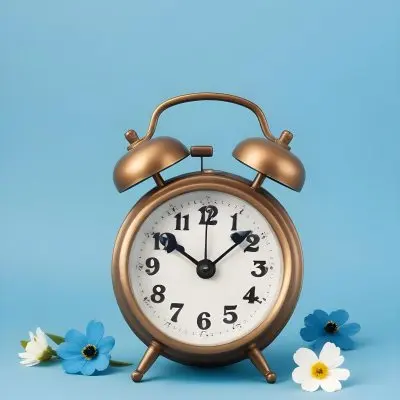 A Bronze Alarm Clock With A Black Face And White Numbers Accompanied By Small Blue Flowers Set Against A Black Background 13 11ec