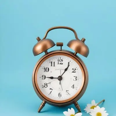 A Bronze Alarm Clock With A Black Face And White Numbers Accompanied By Small Blue Flowers Set Against A Black Background 16 B3f6