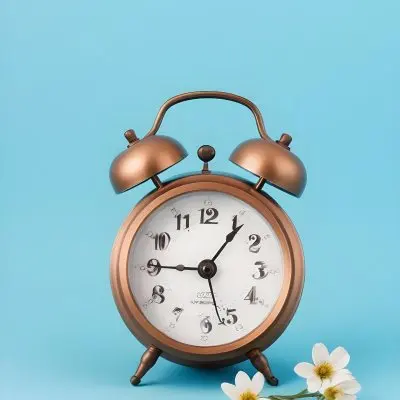 A Bronze Alarm Clock With A Black Face And White Numbers Accompanied By Small Blue Flowers Set Against A Black Background 18 Eb87