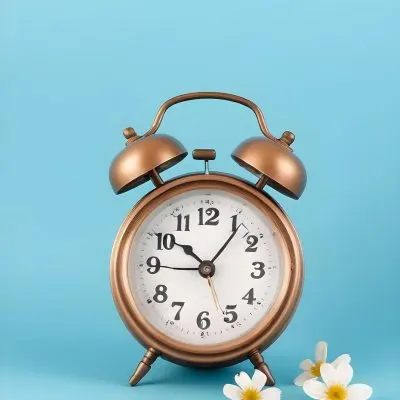 A Bronze Alarm Clock With A Black Face And White Numbers Accompanied By Small Blue Flowers Set Against A Black Background 21 C616