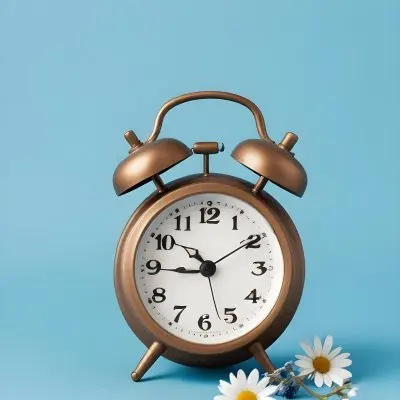 A Bronze Alarm Clock With A Black Face And White Numbers Accompanied By Small Blue Flowers Set Against A Black Background 24 Abbc