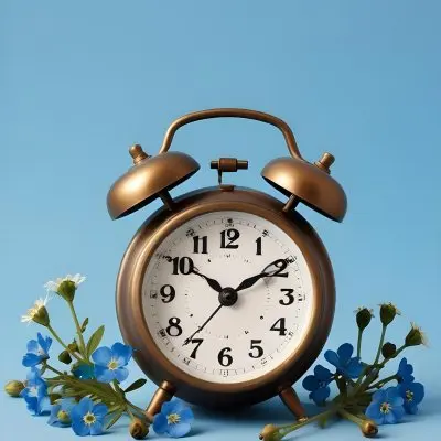 A Bronze Alarm Clock With A Black Face And White Numbers Accompanied By Small Blue Flowers Set Against A Black Background 3 3f6c