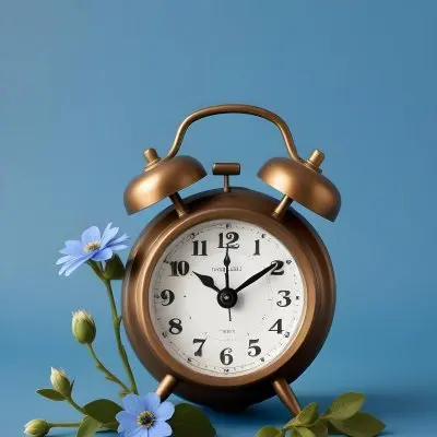 A Bronze Alarm Clock With A Black Face And White Numbers Accompanied By Small Blue Flowers Set Against A Black Background 4 8205